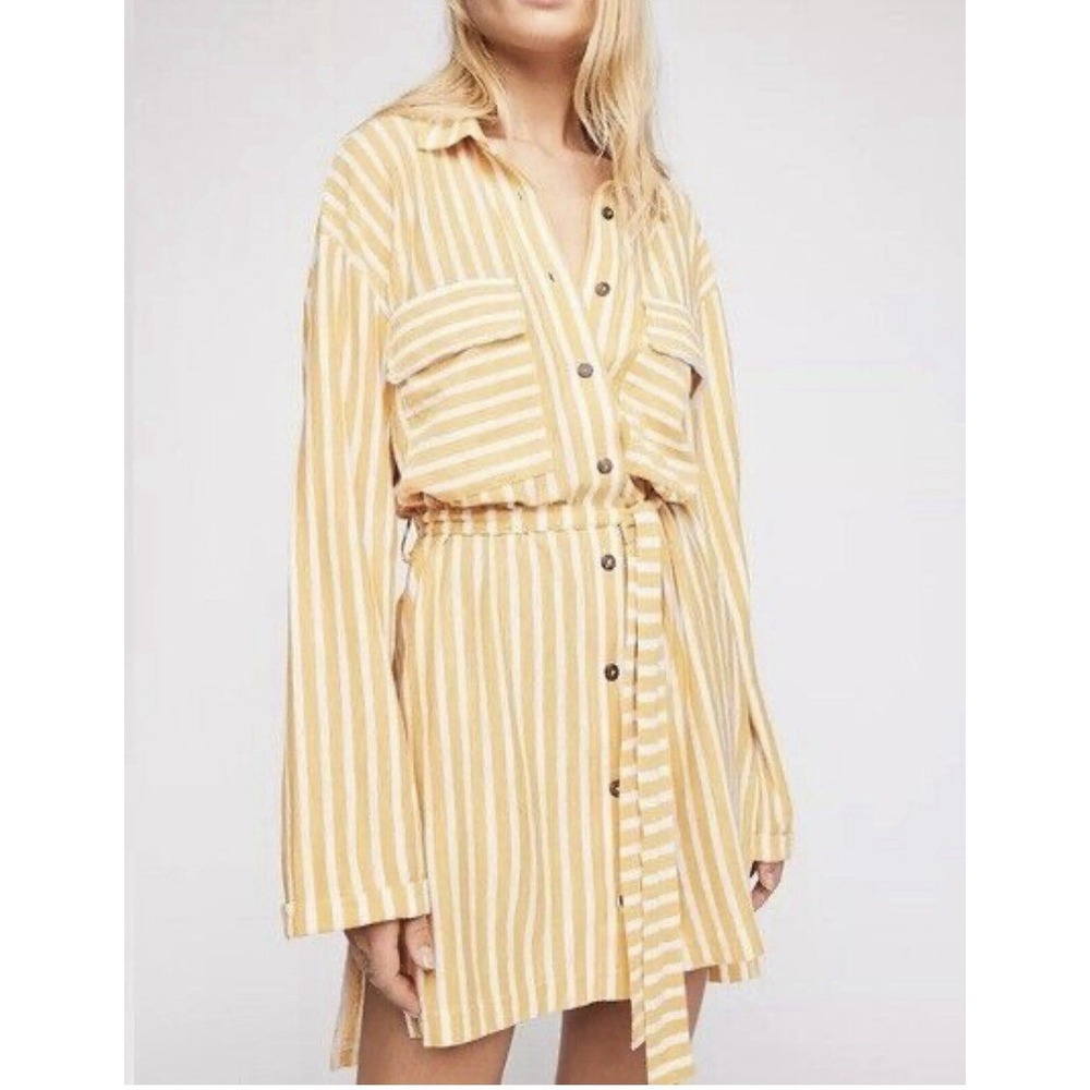 Free People Beach Women's Striped Shirt Dress Size Small Belted Yellow White